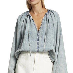 FRAME Tie Neck Denim Top